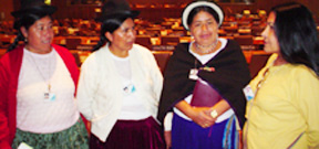 Evarista Pacco Jove (Region Puno), Daria Clalla Huayllara (Aymara del Peru) Maria Adela Guamam (Quechua del Ecuador) y Tarcila Rivera (Quechua del Peru, Secretaria de Organizacion y Relaciones Internacionales, CHIRAPAQ, Centro de Culturas Indigenas del Peru)